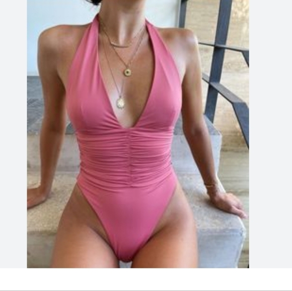 Cupshe Other - Cupshe Pink Ruched Plunge Halter One-Piece Swimsuit